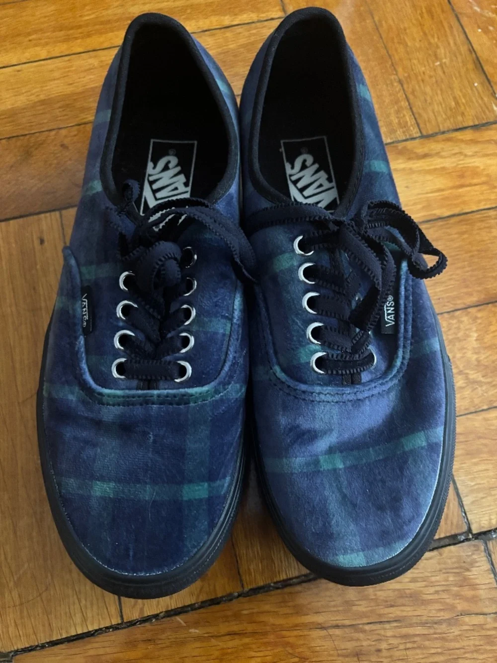 Rare Vans Velveteen Plaid Sneakers – Blue & Green Velvet Low-Tops, Size W8/M6.5